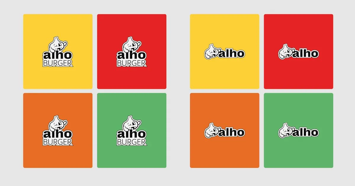 Versões do logo da Alho Burger em amarelo, vermelho, laranja e verde, com e sem a palavra burger