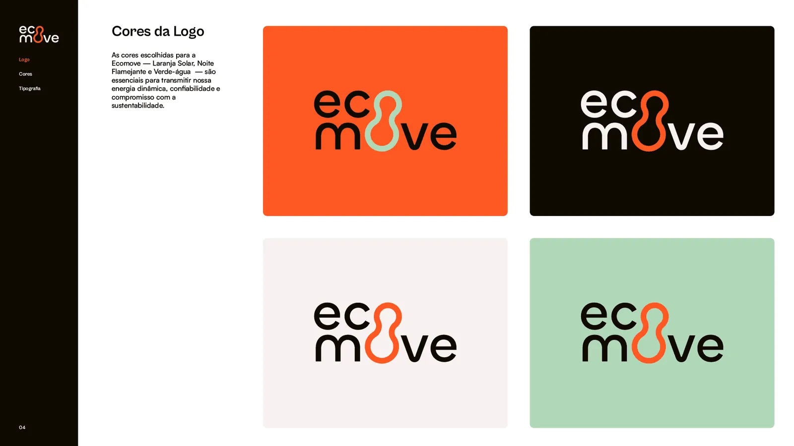 Versões de cor do logo da Ecomove em laranja, preto, branco e verde-água