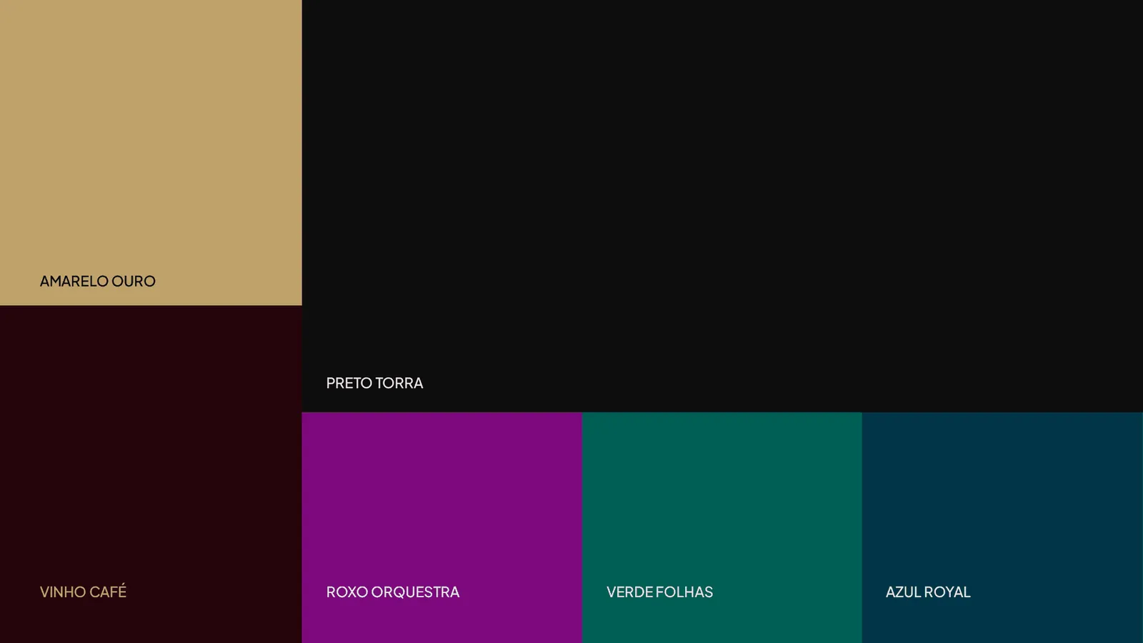 Paleta da Clave: amarelo ouro, vinho café, preto torra, roxo orquestra, verde folhas e azul royal