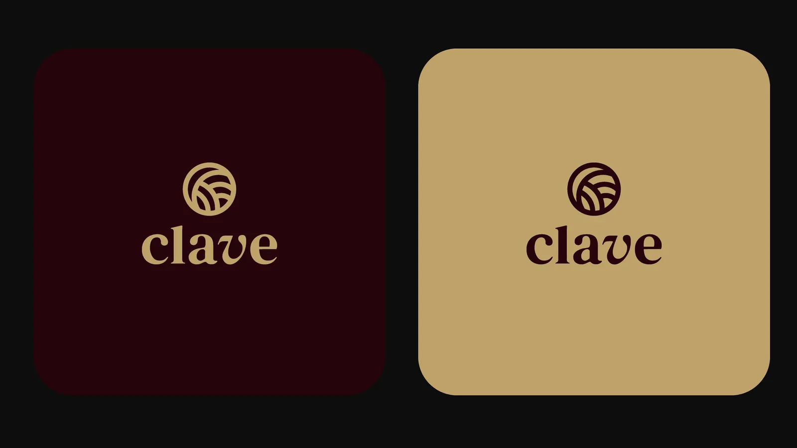 Logo da Clave com o símbolo em dourado sobre vinho e em vinho sobre dourado