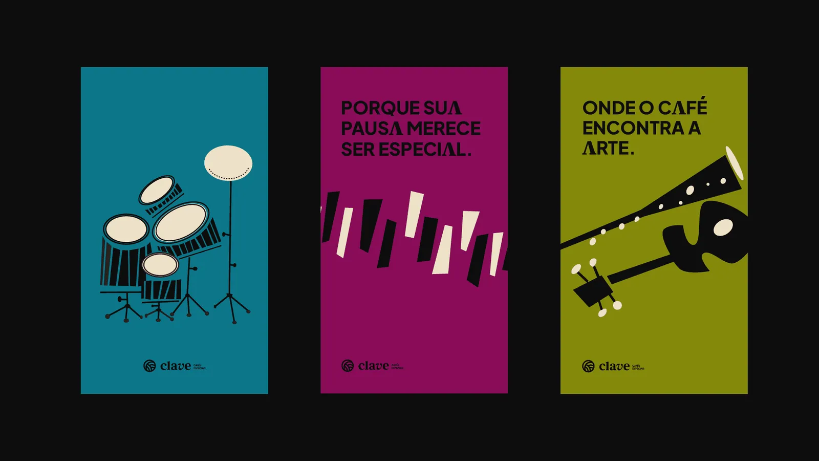 Três cartazes da Clave com bateria, teclas de piano e guitarra ilustradas