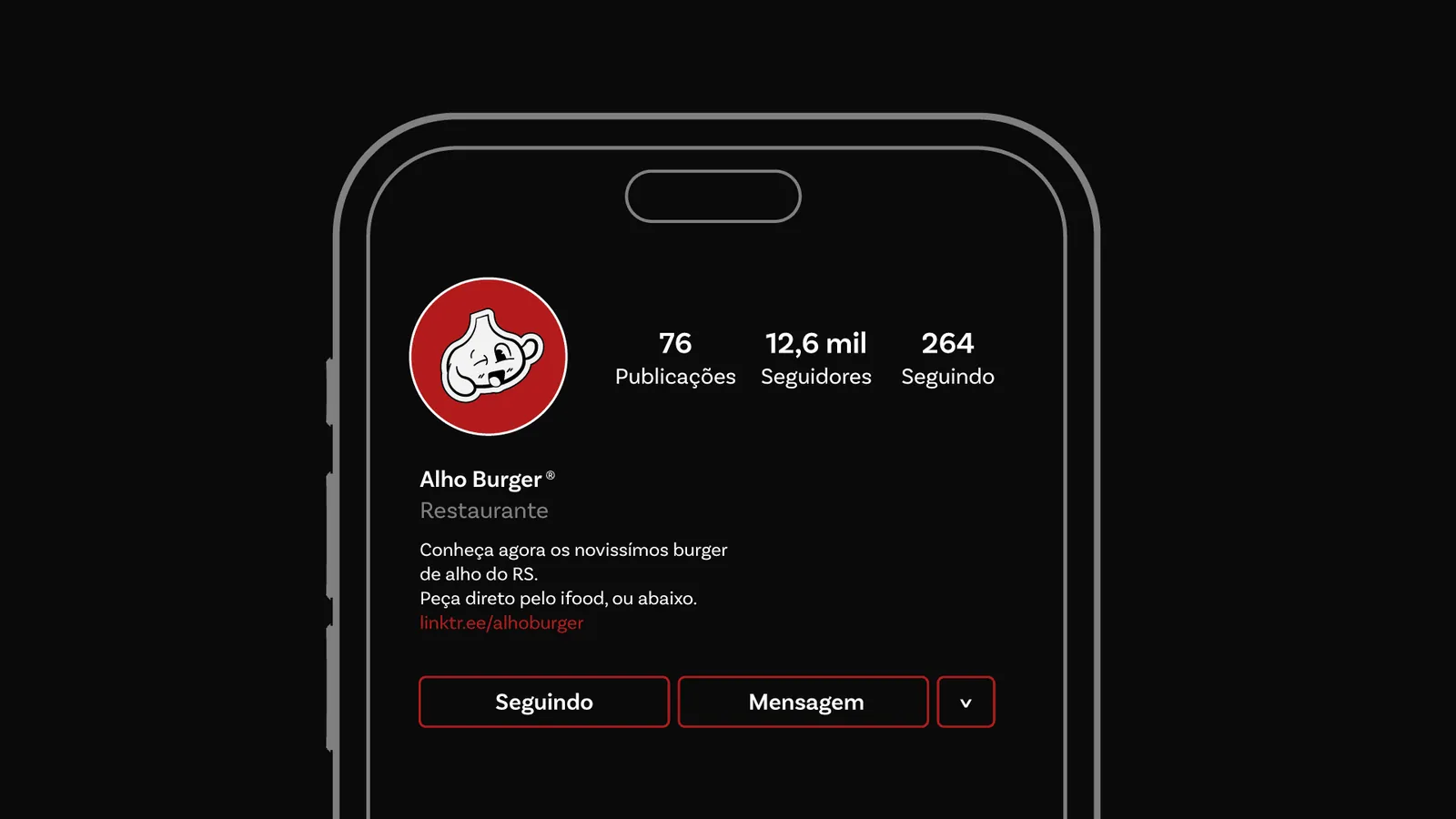 Mockup do perfil de Instagram da Alho Burger no celular, com o mascote na foto de perfil