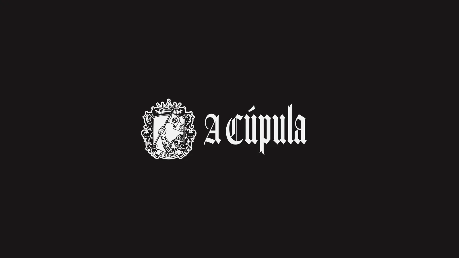 Brasão e wordmark blackletter da A Cúpula em branco sobre fundo preto