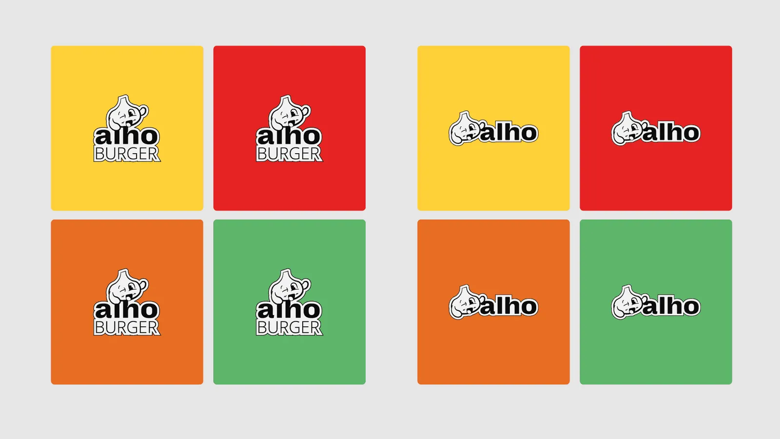 Versões do logo da Alho Burger em amarelo, vermelho, laranja e verde, com e sem a palavra burger
