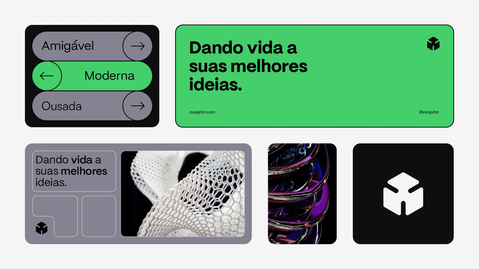 Peças da Evo Print com o símbolo de cubo e a frase Dando vida a suas melhores ideias