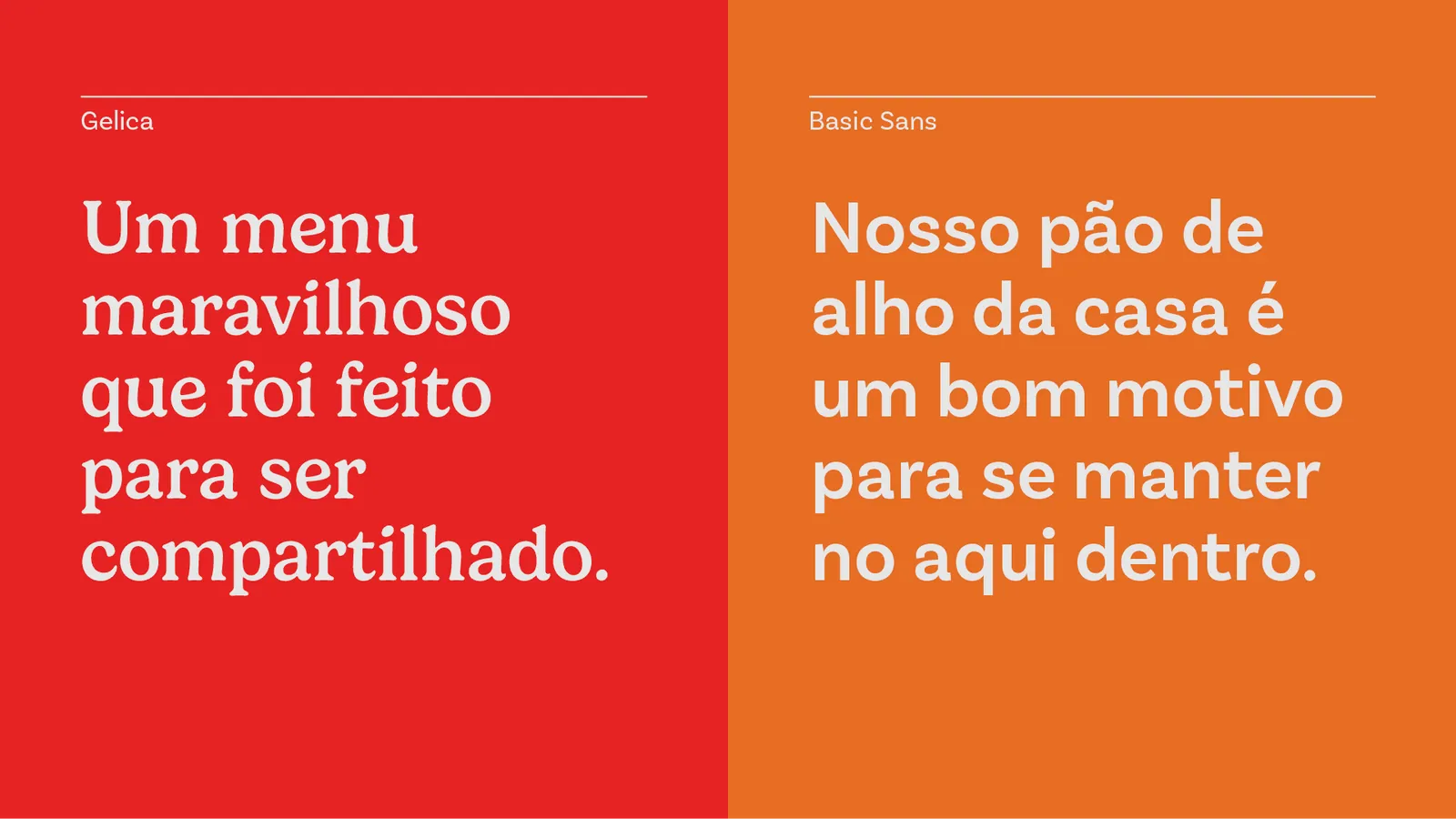 Tipografia da Alho Burger: frases do cardápio em Gelica sobre vermelho e em Basic Sans sobre laranja