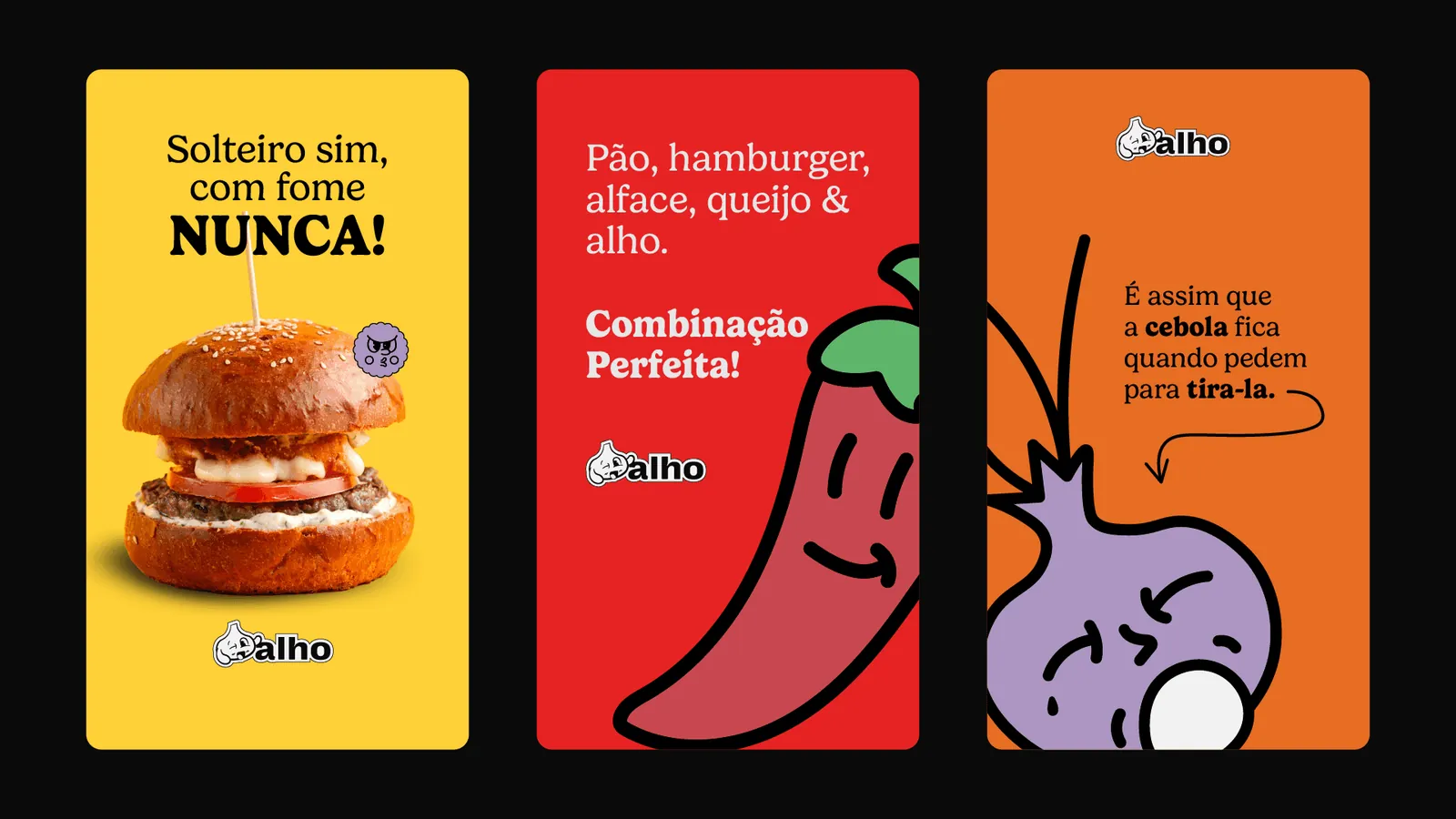 Três posts da Alho Burger com hambúrguer, pimenta e cebola ilustrados em amarelo, vermelho e laranja