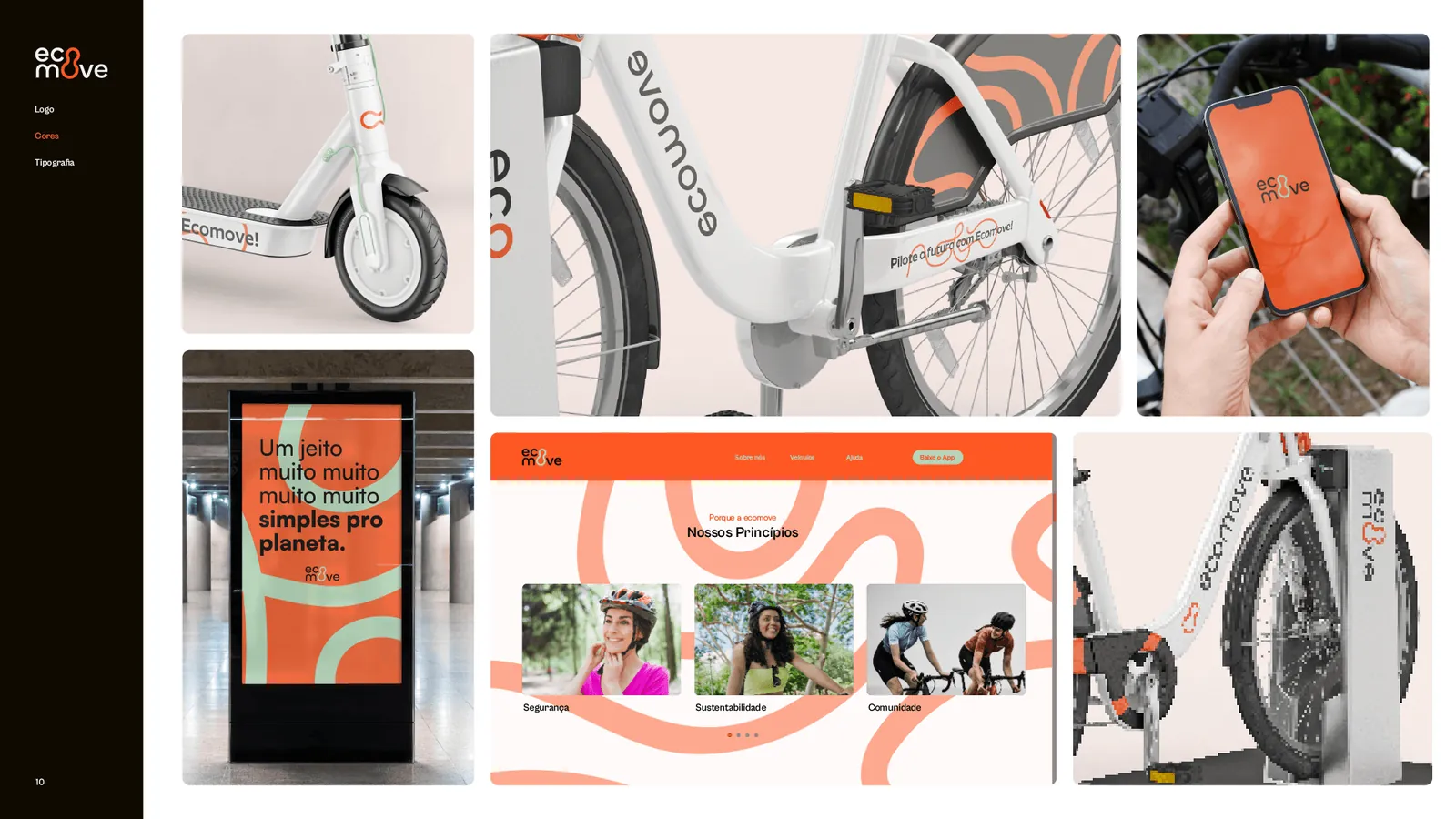 Aplicações da Ecomove em bicicleta e patinete elétricos, celular, totem e site